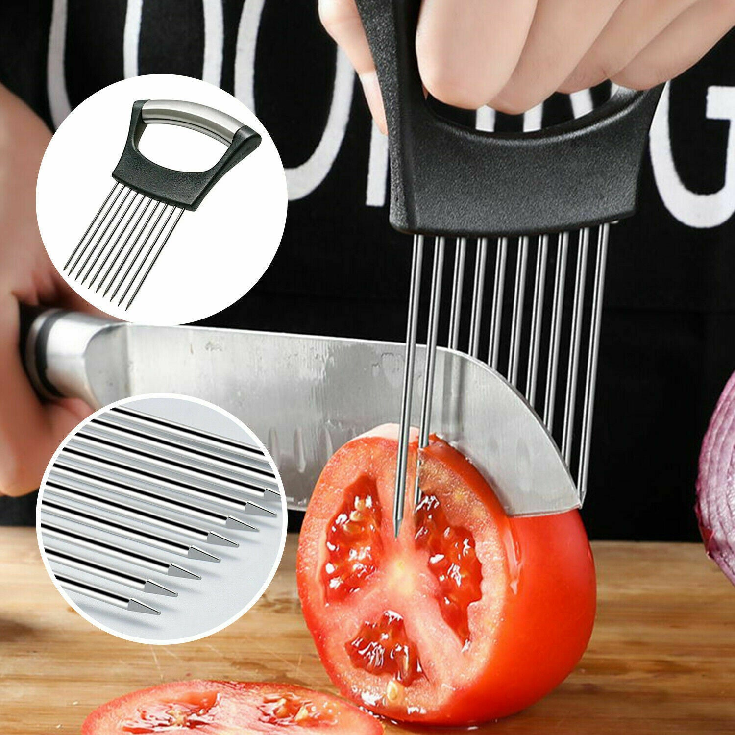 Food Slice Assistant - Stainless Steel Onion Holder Slicer Tomato Cutter NonSlip - Icatchingstuff.com